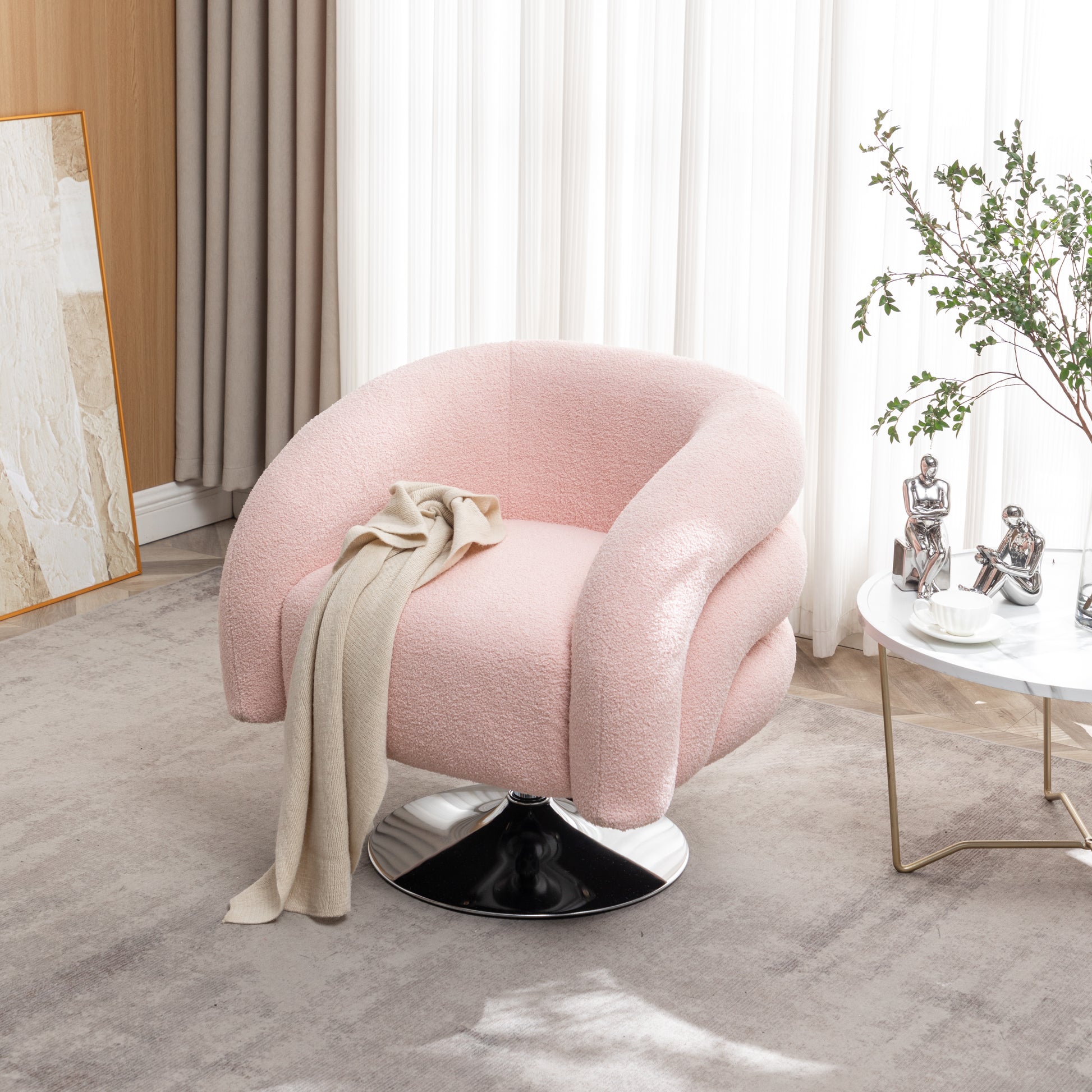 Modern Style Pink Single Swivel Sofa Chair, Teddy Upholstered Single Sofa With Round And Fluffy Reading Chair, Suitable For Living Room, Bedroom, Corner. Pink Bedroom Modern Wood