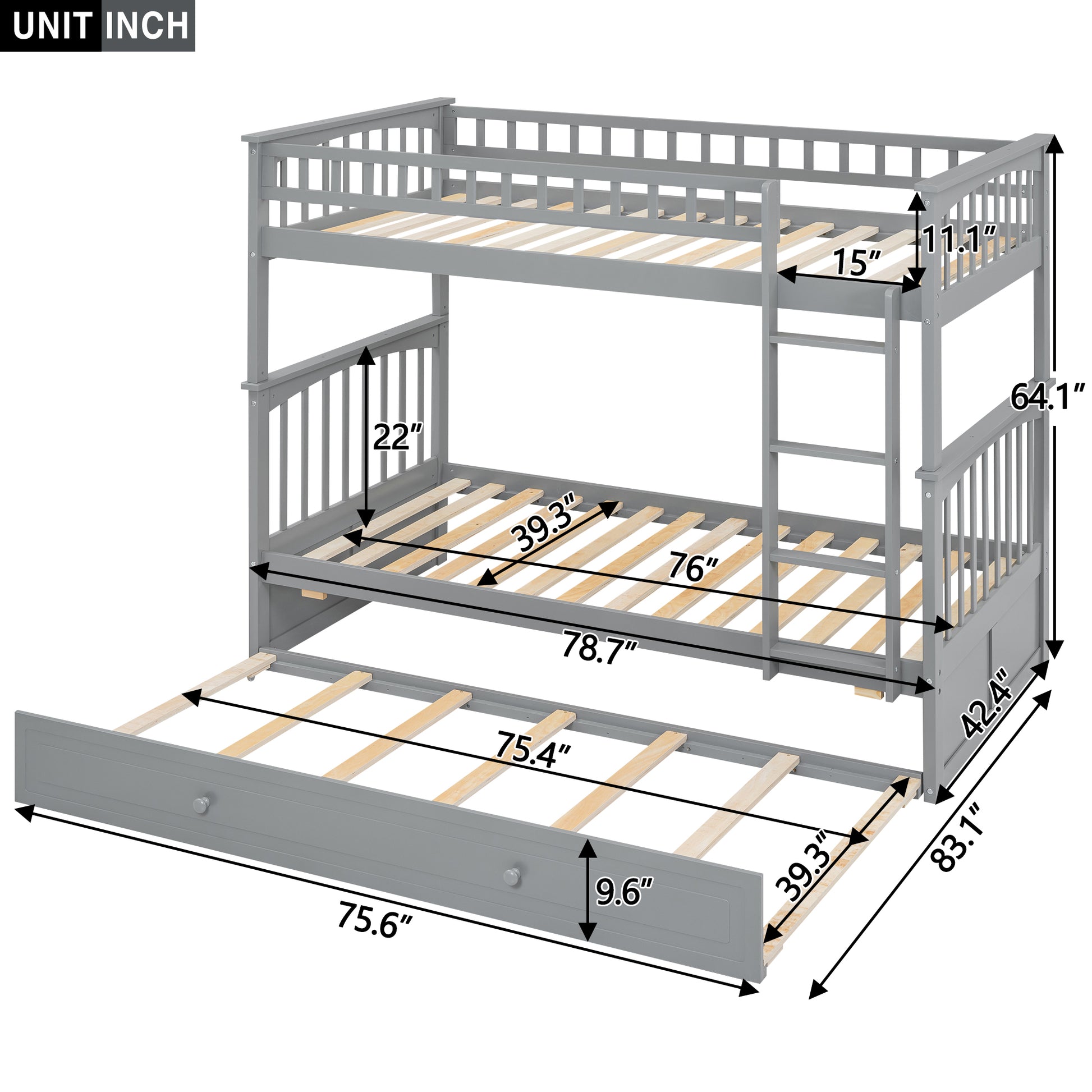 Twin Over Twin Bunk Bed With Twin Size Trundle, Convertible Beds, Gray Box Spring Not Required Twin Gray Bedroom Bunk Solid Wood Mdf