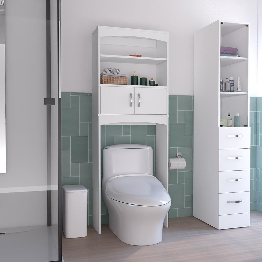 65H" Over The Toilet Double Door Cabinet, Three Shelves, White White Particle Board Particle Board