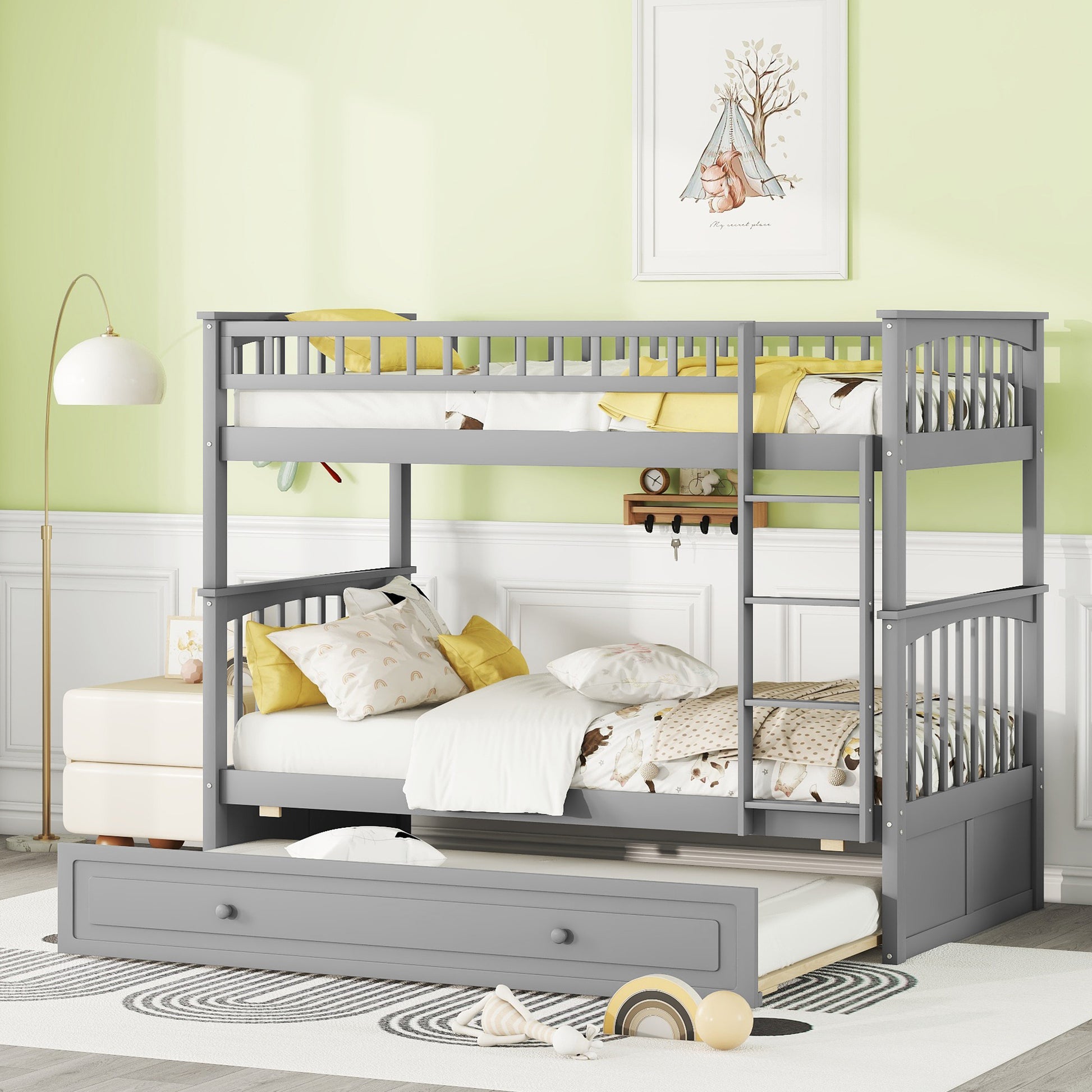 Twin Over Twin Bunk Bed With Twin Size Trundle, Convertible Beds, Gray Box Spring Not Required Twin Gray Bedroom Bunk Solid Wood Mdf