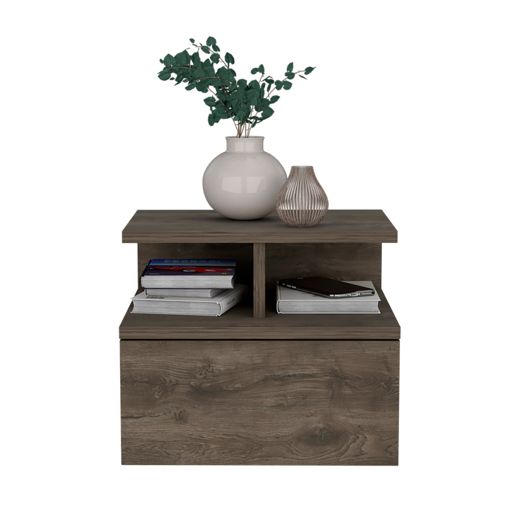 Floating Nightstand 12"H, Wall Mounted With Single Drawer And 2 Tier Shelf, Dark Walnut Brown Particle Board Particle Board