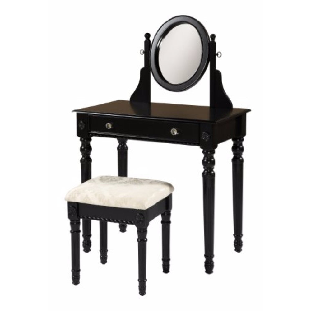 Wooden Vanity Set With Adjustable Mirror And Drawer, Black And Beige Beige Black Wood Fabric