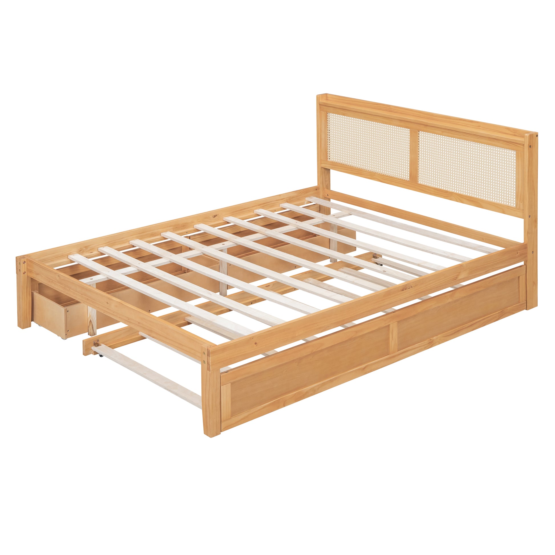 Queen Size Elegant Bed Frame With Rattan Headboard And Sockets ,Natural Twin Natural Rattan