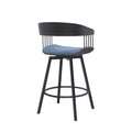 Vera 27 Inch Swivel Counter Stool Chair, Black Open Back, Soft Blue Fabric Black Blue Wood Metal