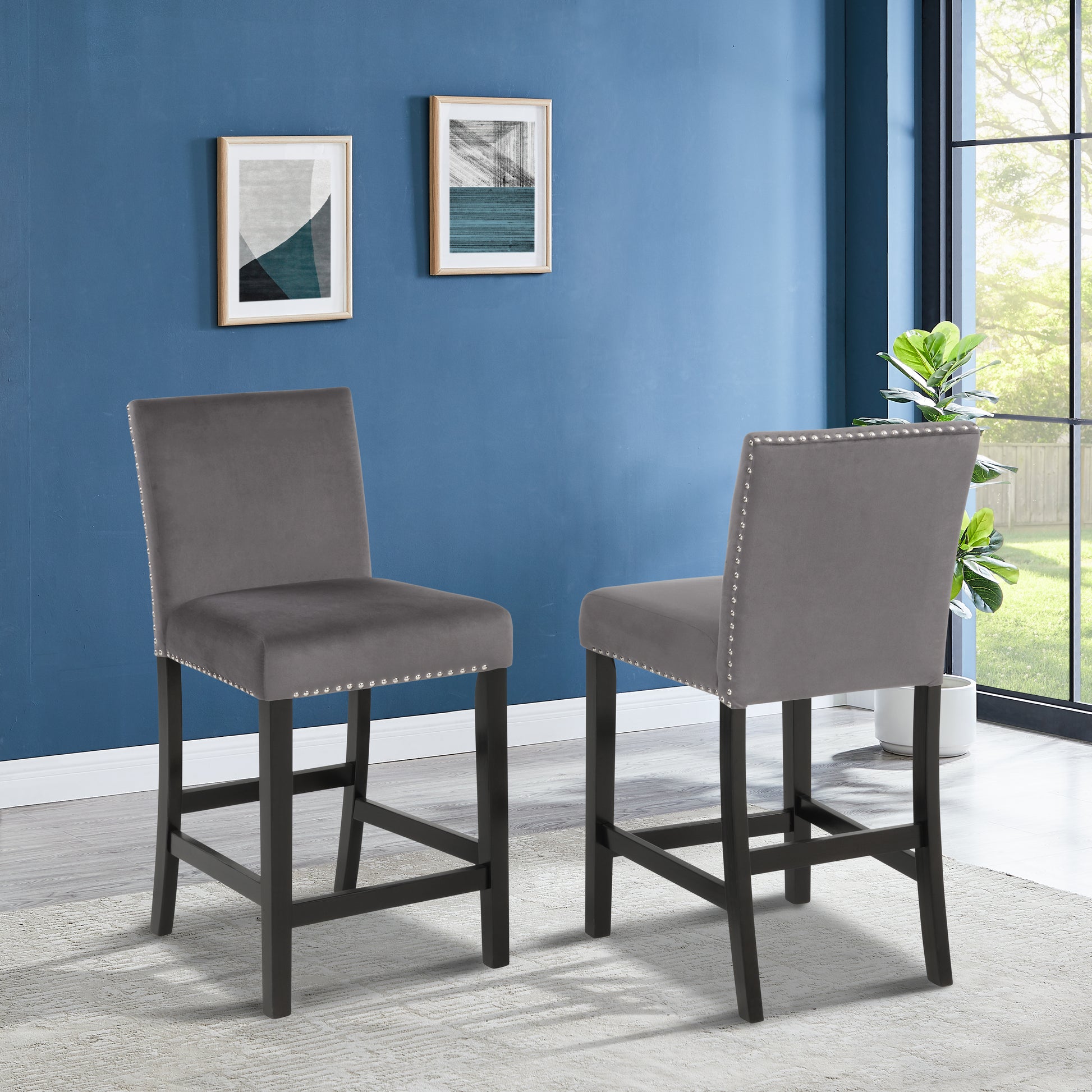 Cobre Contemporary Velvet Counter Stool With Trim, Set Of 2, Gray Gray Velvet