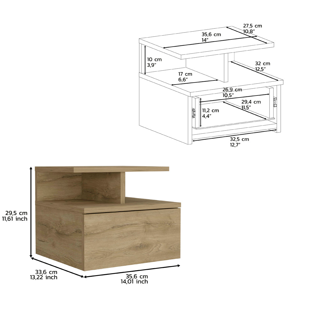 Floating Nightstand 12"H, Wall Mounted With Single Drawer And 2 Tier Shelf, Macadamia Beige Particle Board Particle Board