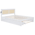 Queen Size Elegant Bed Frame With Rattan Headboard And Sockets ,White White Rattan