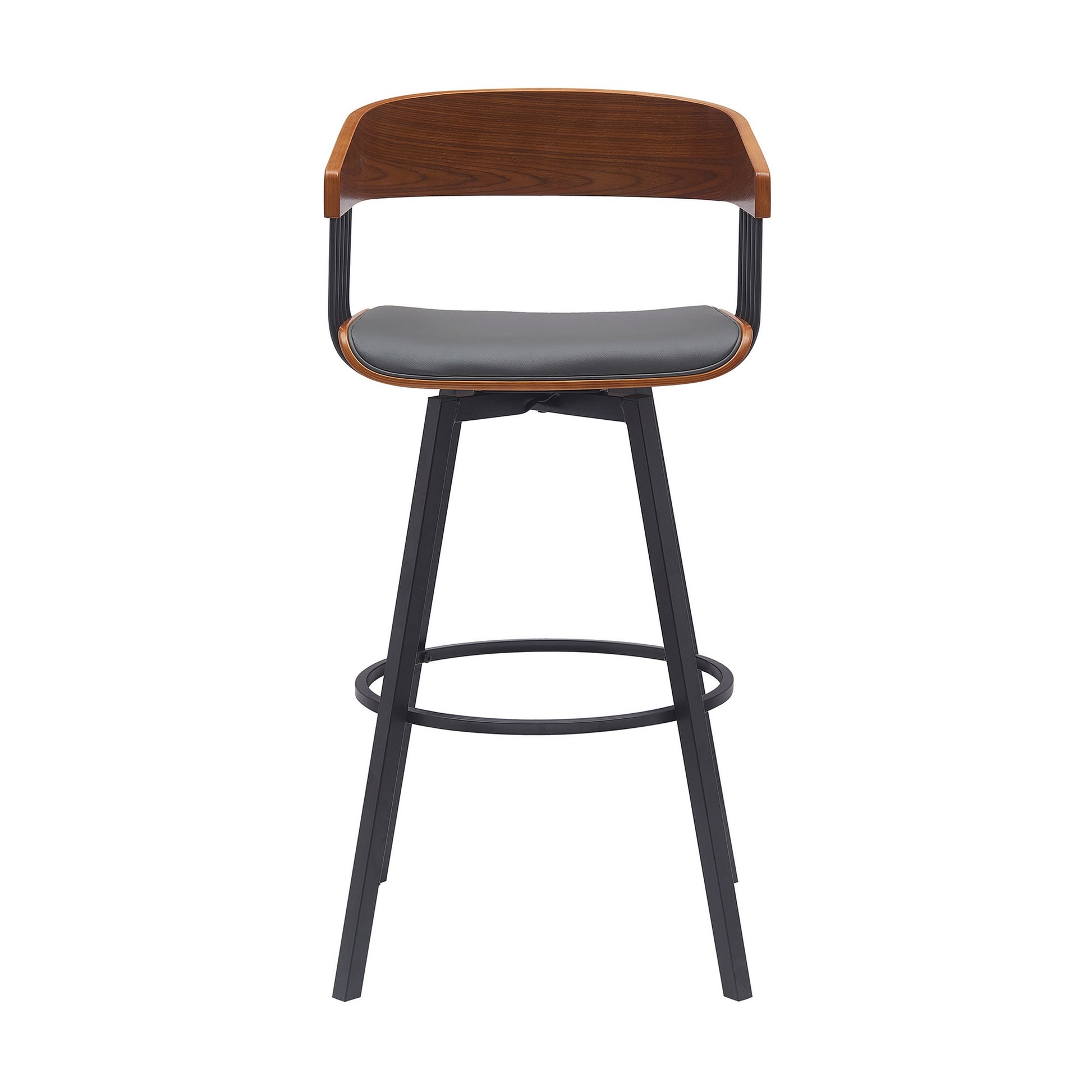 Vera 31 Inch Swivel Barstool Chair, Curved Open Back, Walnut Brown, Gray Black Brown Grey Wood Metal