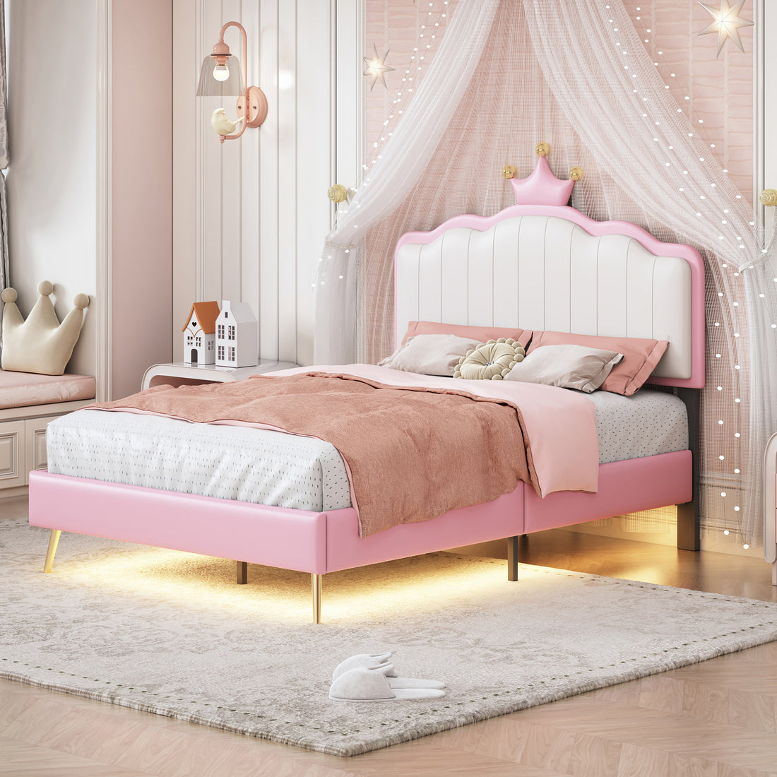 Twin Size Upholstered Princess Bed With Crown Headboard,Twin Size Platform Bed With Headboard And Footboard With Light Strips,Golden Metal Legs, White Pink Pink Pu