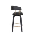 Maya 26 Inch Swivel Counter Chair, Black Faux Leather, Bronze Metal Slats Gold Black Wood Metal