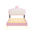 Twin Size Upholstered Princess Bed With Crown Headboard,Twin Size Platform Bed With Headboard And Footboard With Light Strips,Golden Metal Legs, White Pink Pink Pu