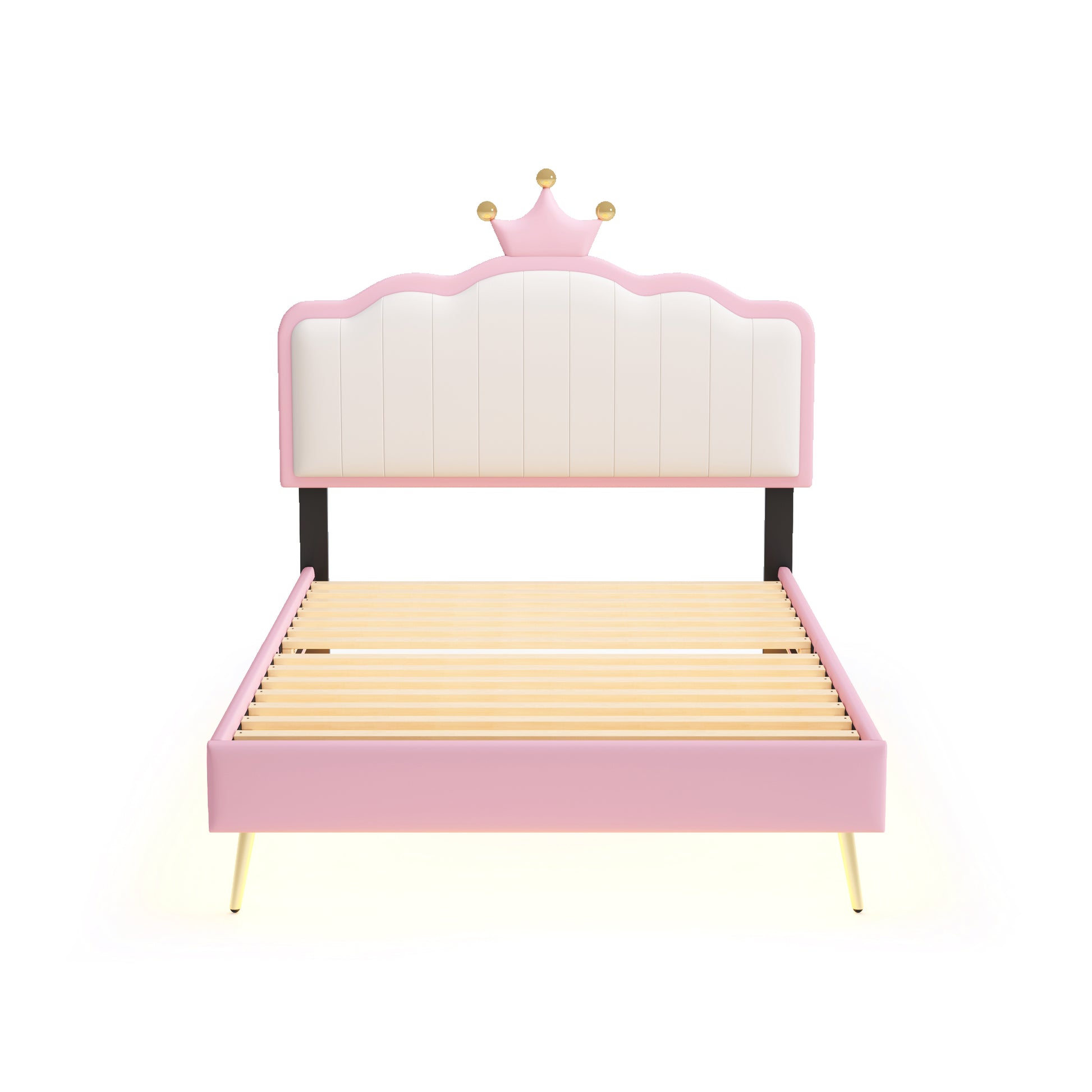 Twin Size Upholstered Princess Bed With Crown Headboard,Twin Size Platform Bed With Headboard And Footboard With Light Strips,Golden Metal Legs, White Pink Pink Pu