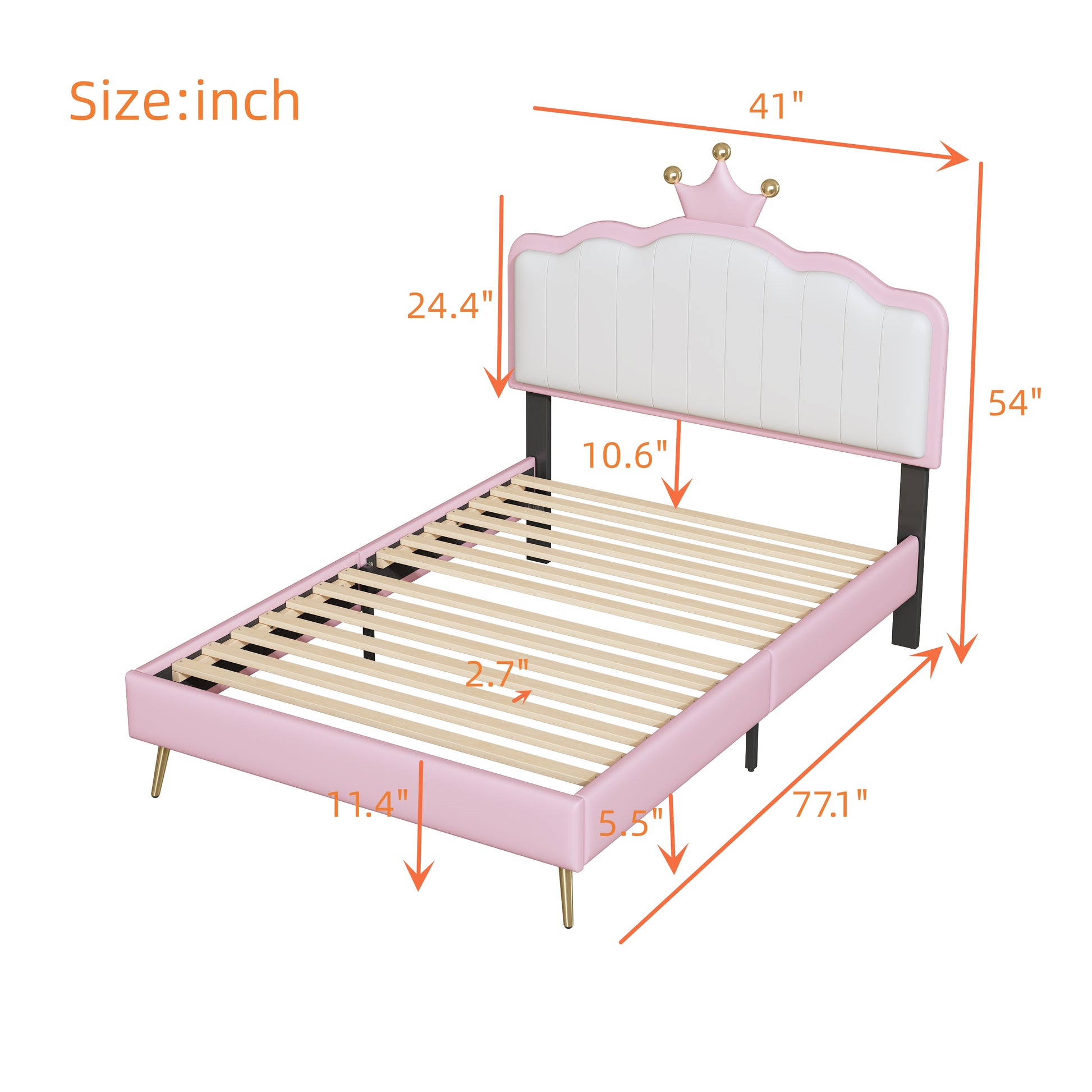 Twin Size Upholstered Princess Bed With Crown Headboard,Twin Size Platform Bed With Headboard And Footboard With Light Strips,Golden Metal Legs, White Pink Pink Pu