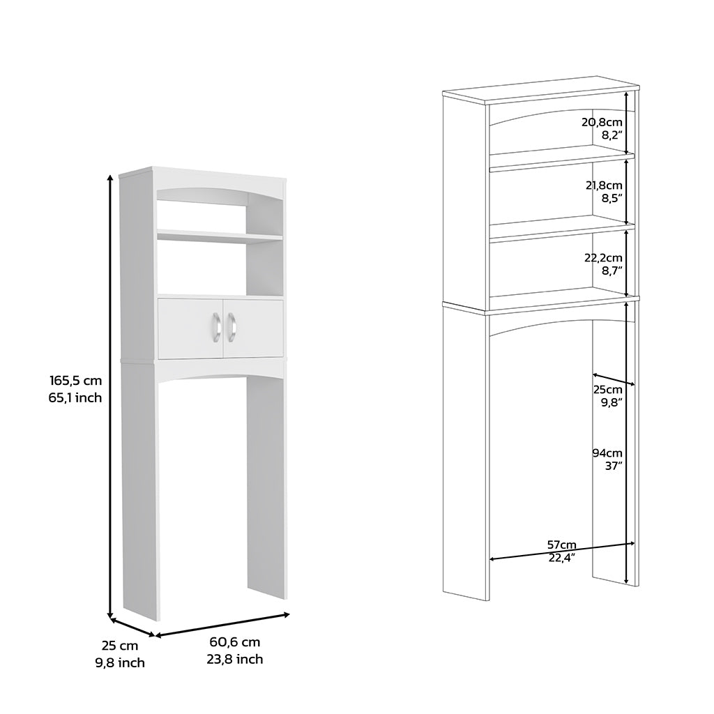 65H" Over The Toilet Double Door Cabinet, Three Shelves, White White Particle Board Particle Board