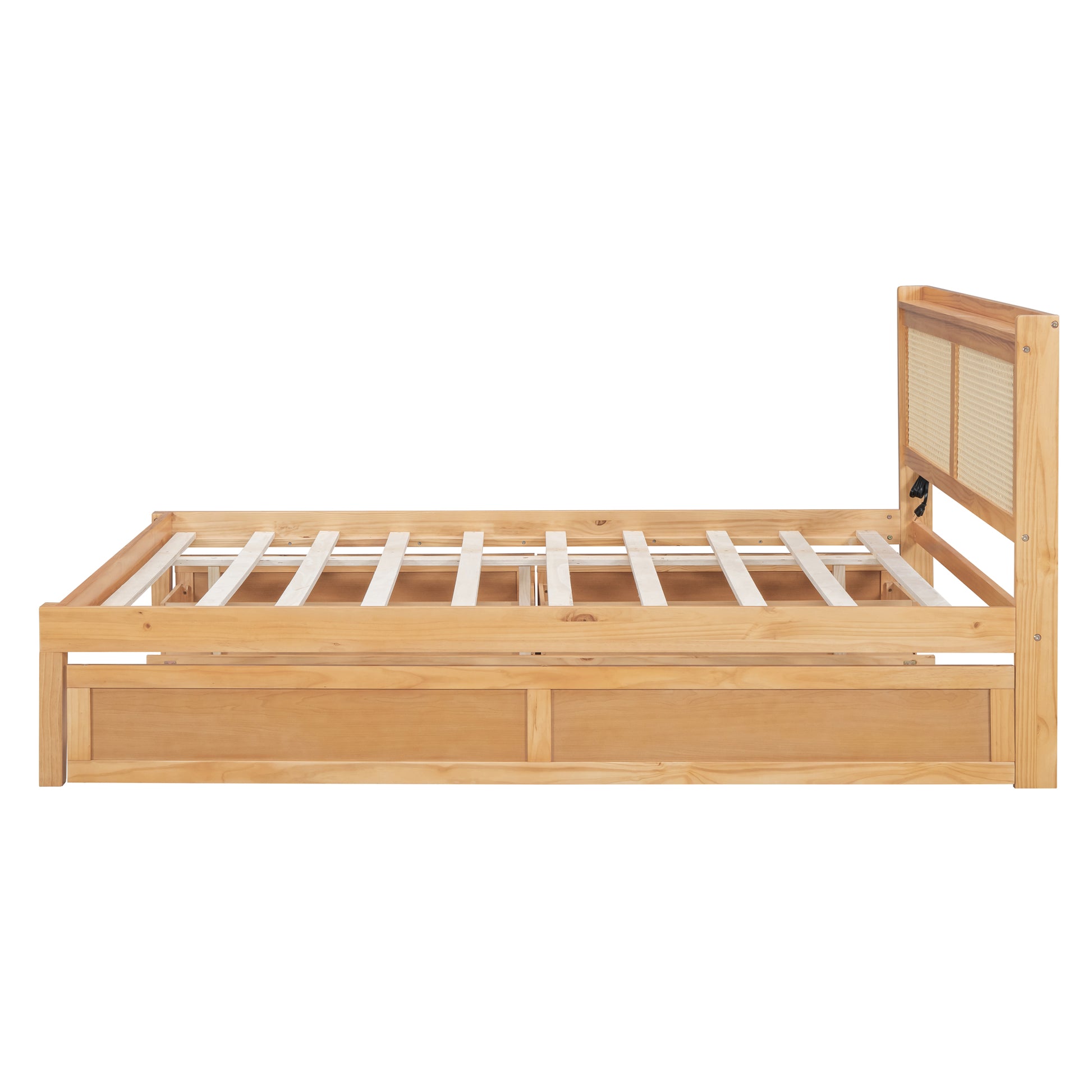 Queen Size Elegant Bed Frame With Rattan Headboard And Sockets ,Natural Twin Natural Rattan
