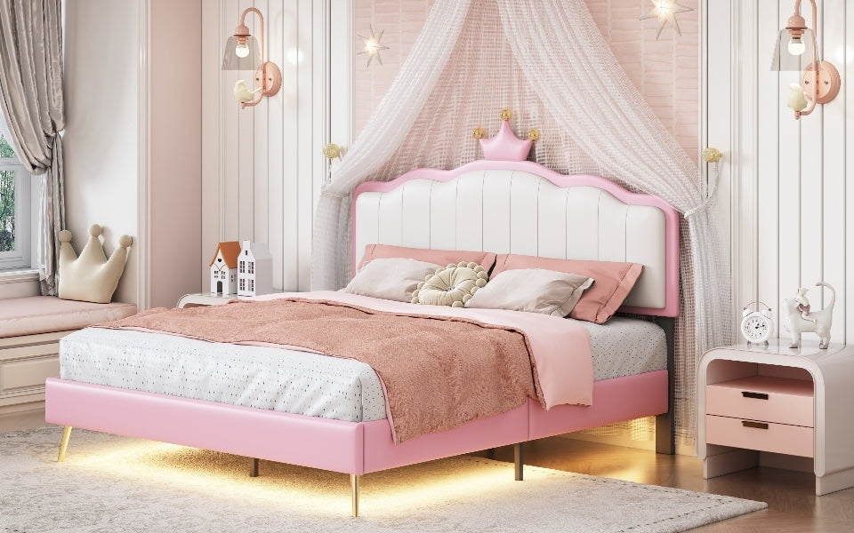 Full size Upholstered Princess Bed With Crown pink-pu