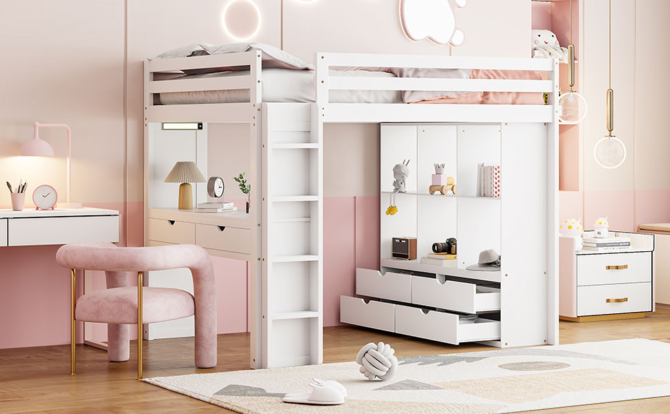 Full Size Loft Bed With Large Shelves, Writing Desk And Led Light, White White Solid Wood Mdf