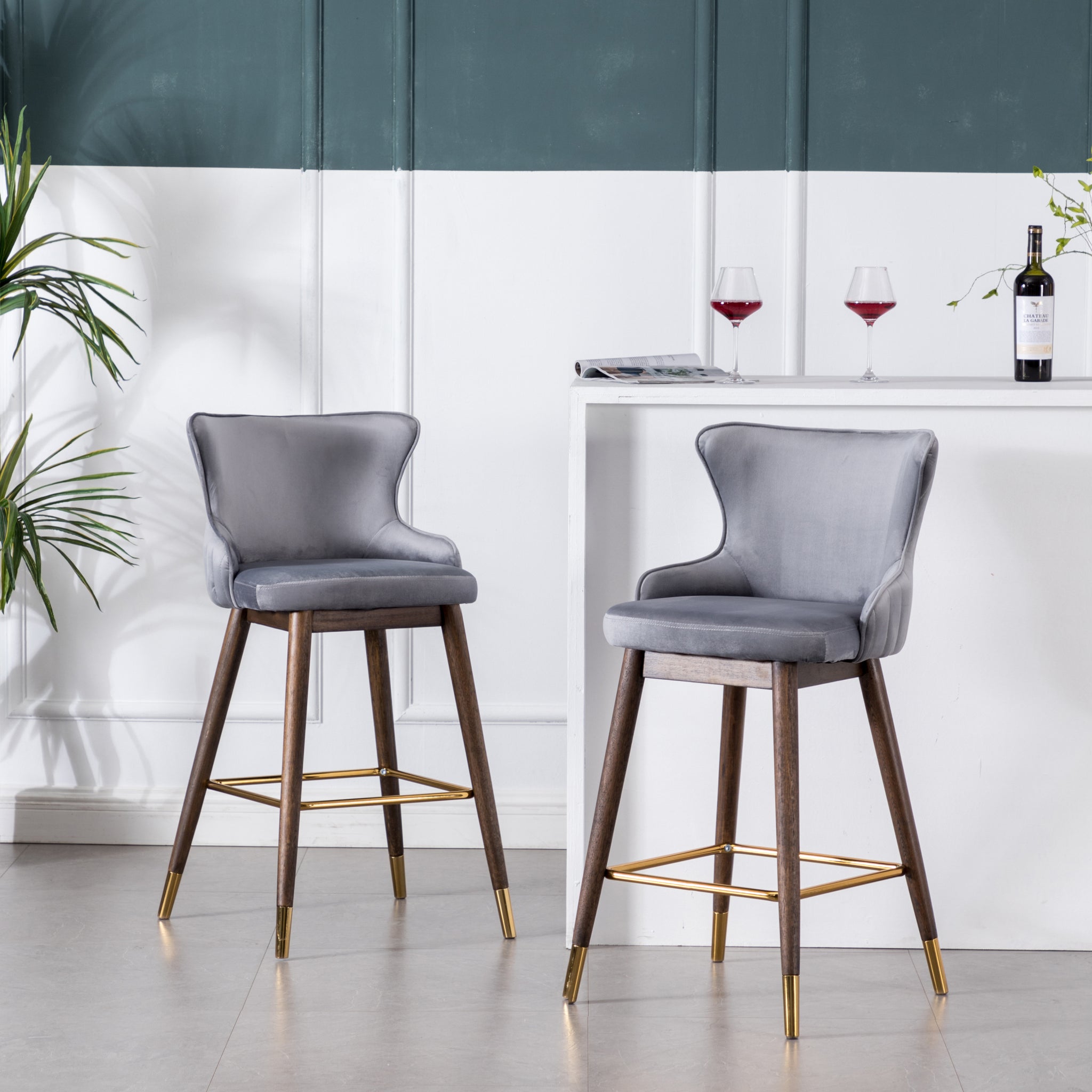 Leland Fabric Upholstered Wingback Bar Stools, Set Of 2, Gray Gray Polyester