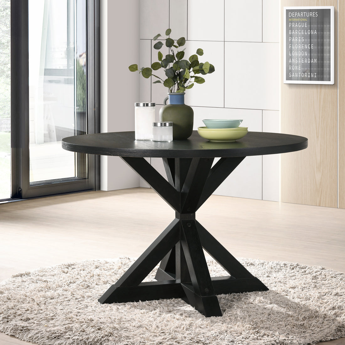 Windvale Cross Buck Base Dining Table In Black Black Wood
