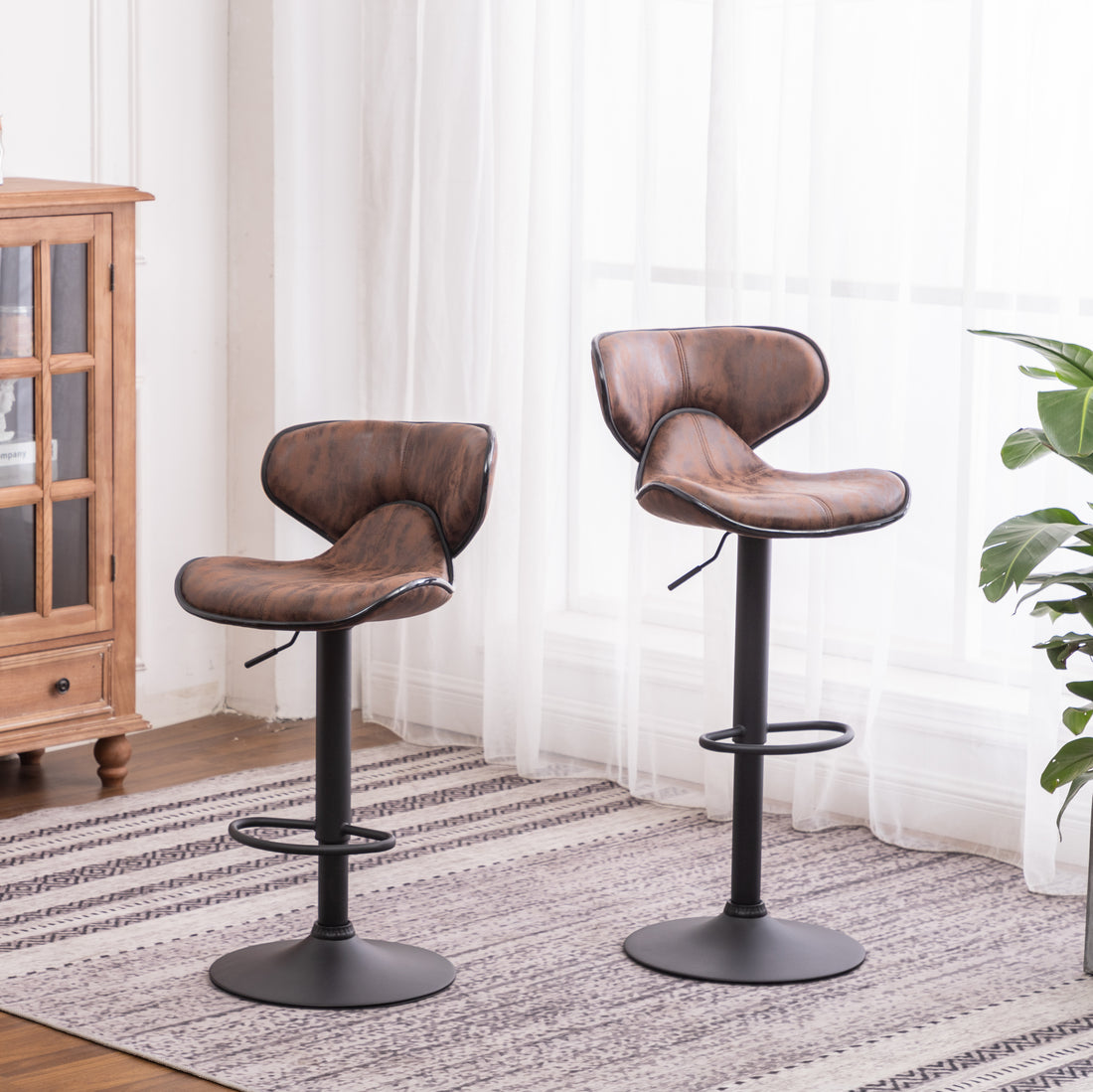 Masaccio Weathered Upholstery Airlift Adjustable Swivel Barstool With Chrome Base, Set Of 2, Brown Brown Polyester