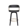 Maya 26 Inch Swivel Counter Chair, Black Faux Leather, Bronze Metal Slats Gold Black Wood Metal