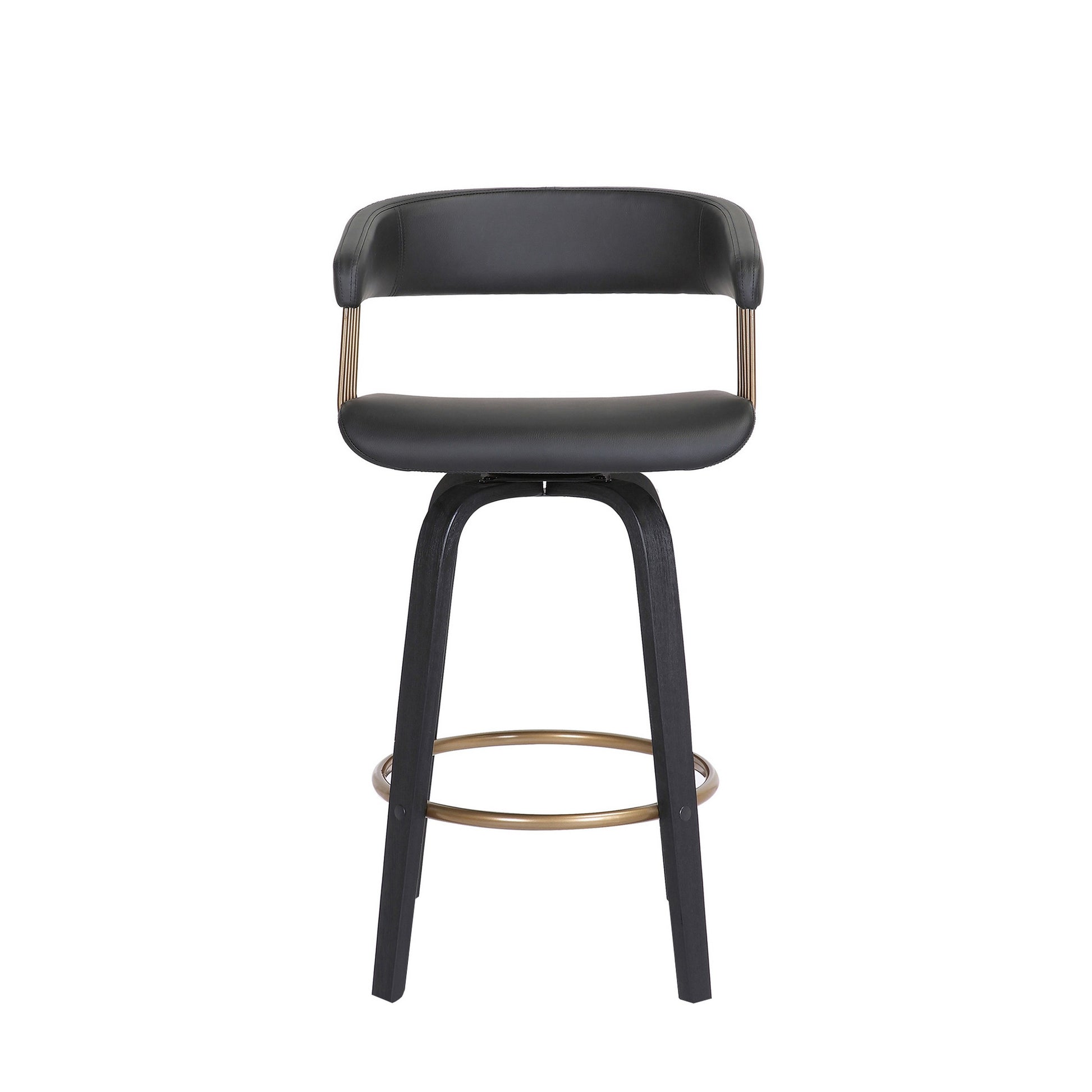 Maya 26 Inch Swivel Counter Chair, Black Faux Leather, Bronze Metal Slats Gold Black Wood Metal