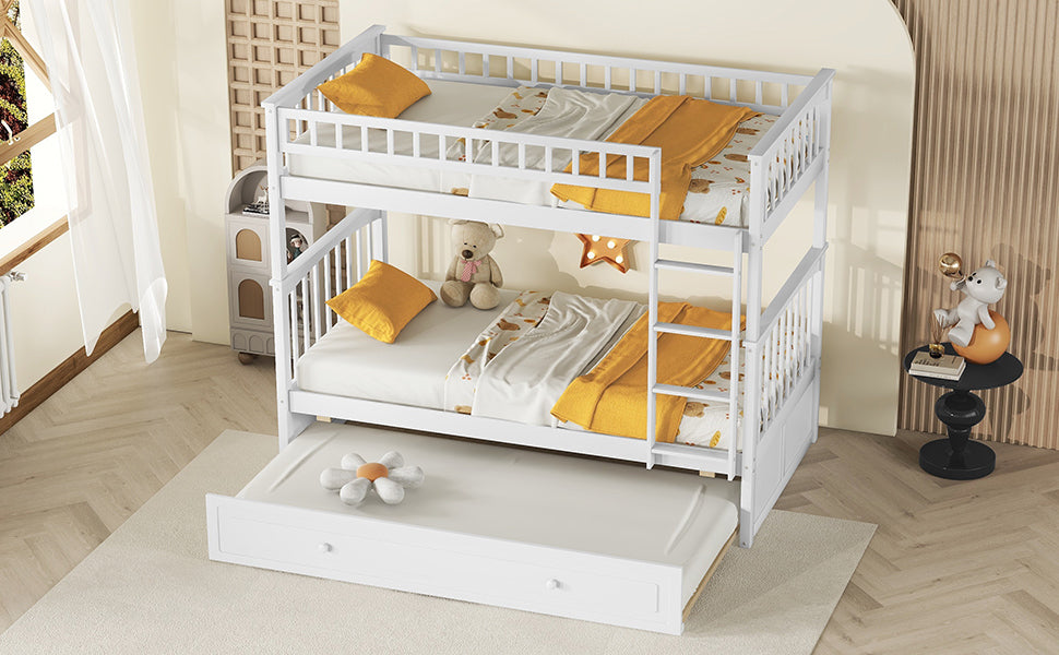 Twin Over Twin Bunk Bed With Twin Size Trundle, Convertible Beds, White Box Spring Not Required Twin White Bedroom Bunk Solid Wood Mdf