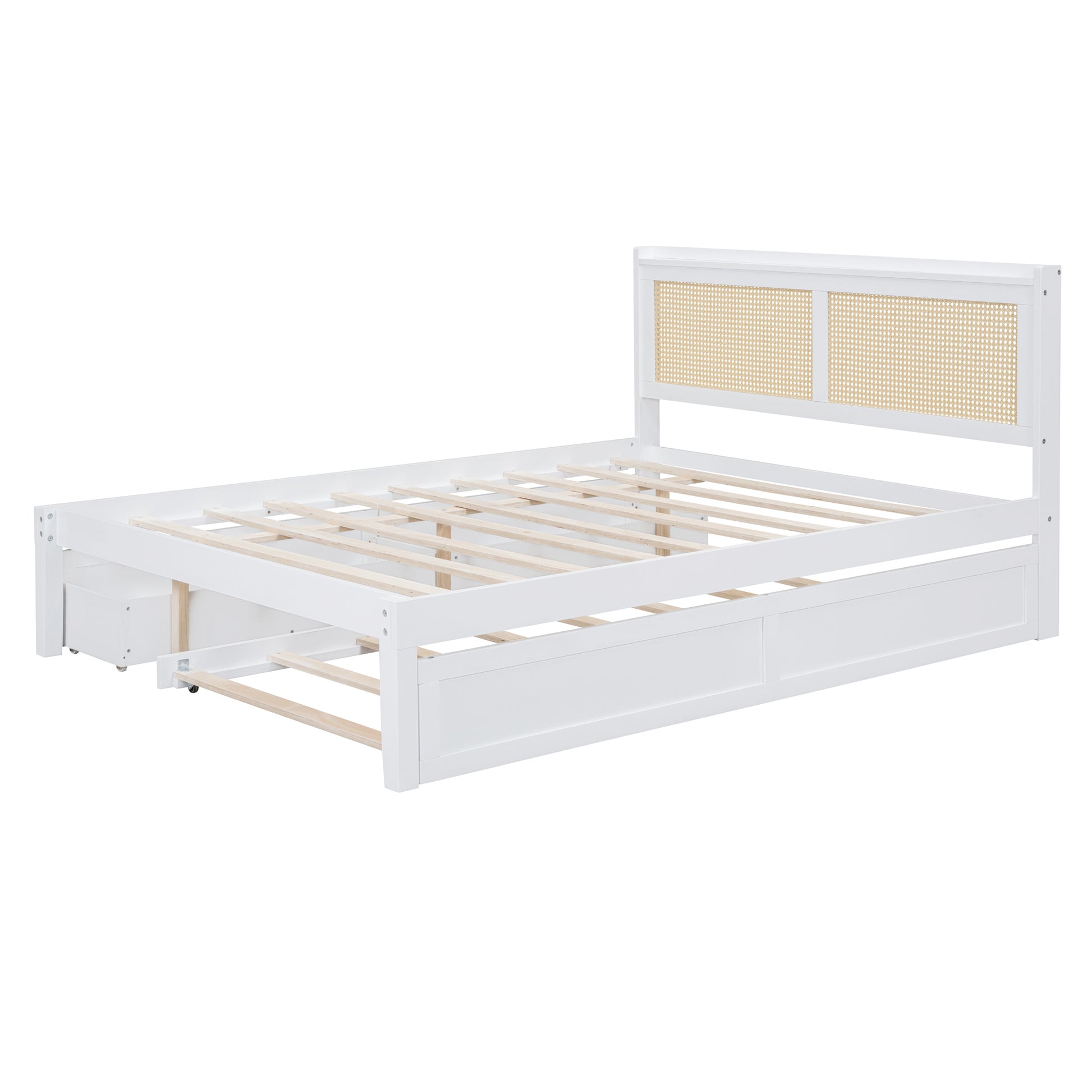 Queen Size Elegant Bed Frame With Rattan Headboard And Sockets ,White White Rattan