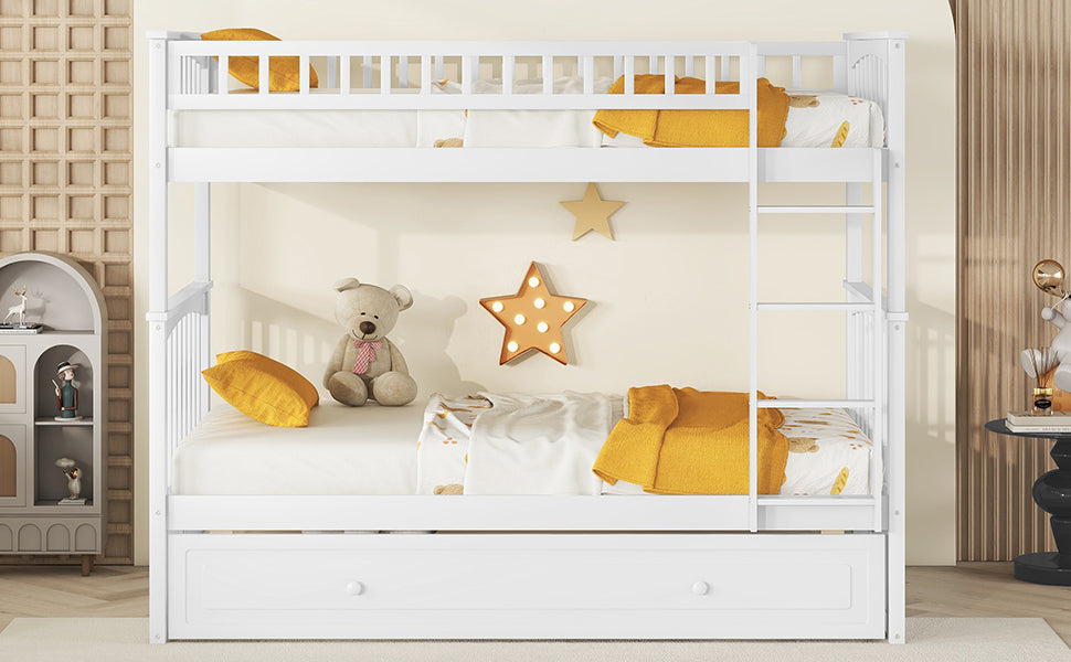 Twin Over Twin Bunk Bed With Twin Size Trundle, Convertible Beds, White Box Spring Not Required Twin White Bedroom Bunk Solid Wood Mdf