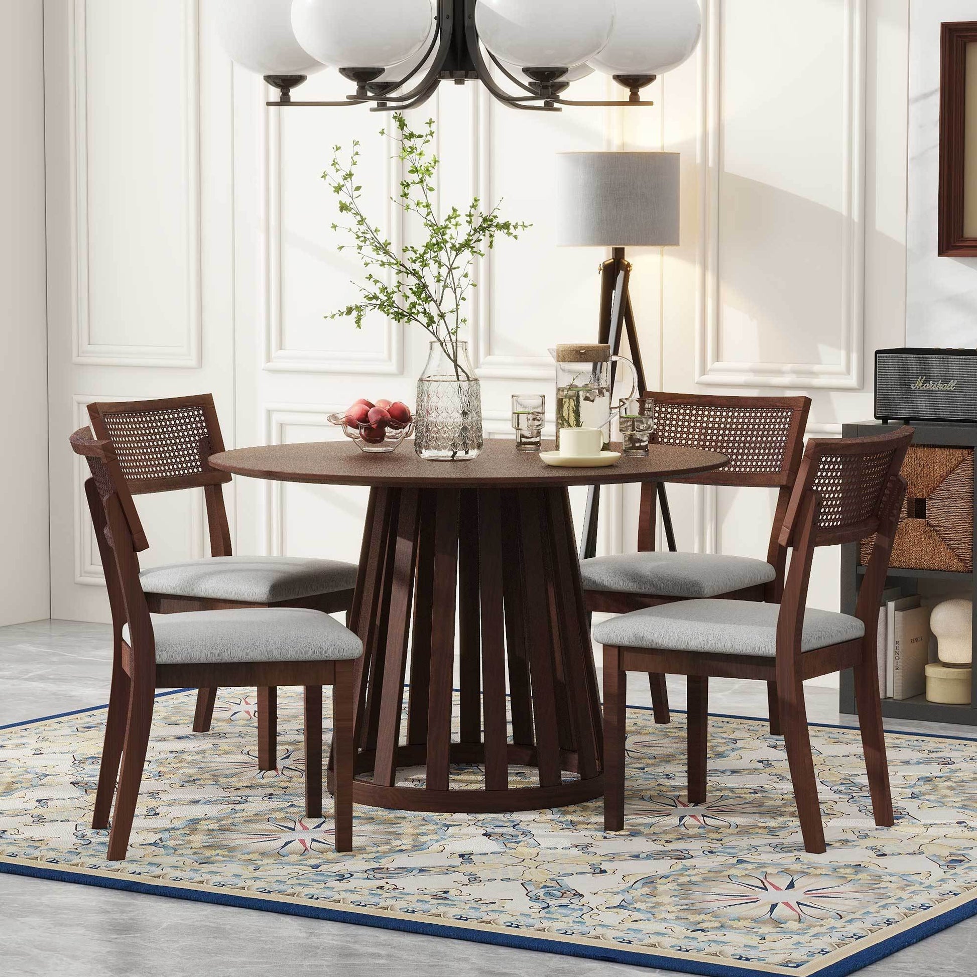 5 Piece Retro Dining Set With 1 Round Dining Table And 4 Upholstered Chairs With Rattan Backrests For Dining Room And Kitchen Walnut Walnut Solid Wood Mdf