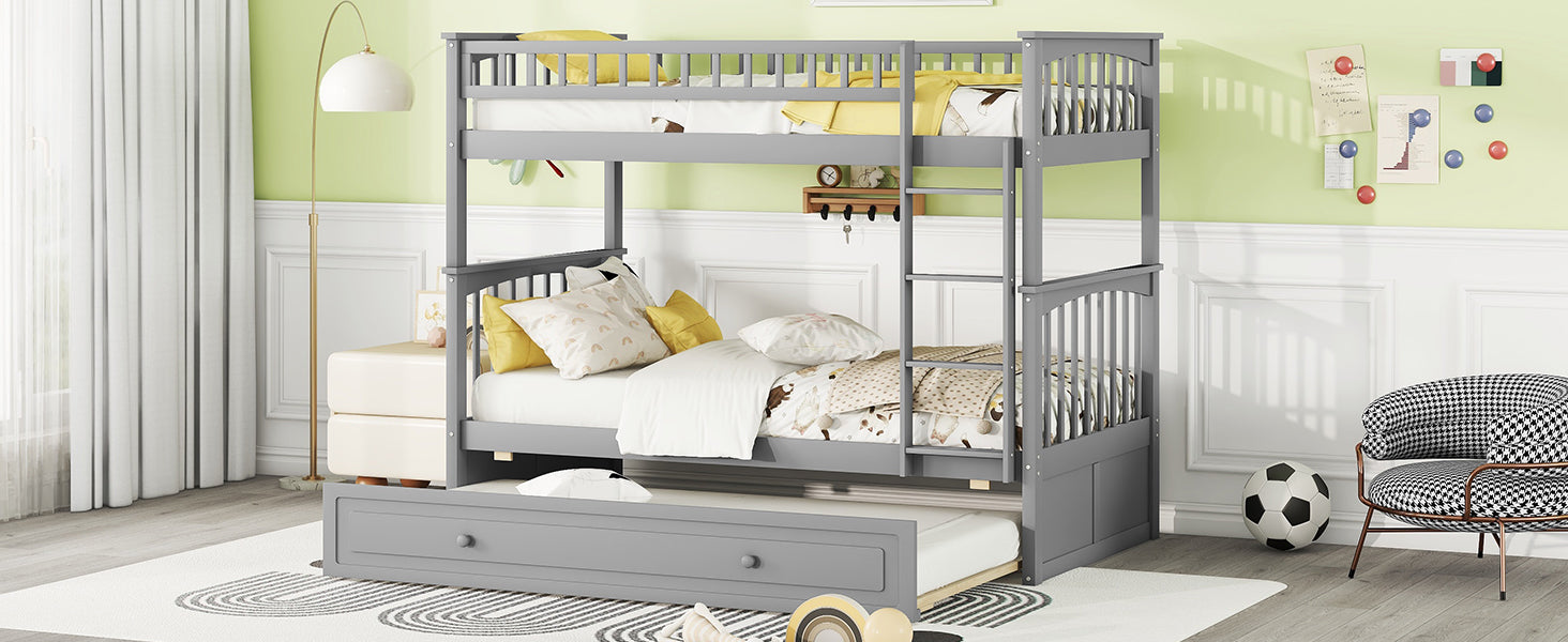 Twin Over Twin Bunk Bed With Twin Size Trundle, Convertible Beds, Gray Box Spring Not Required Twin Gray Bedroom Bunk Solid Wood Mdf