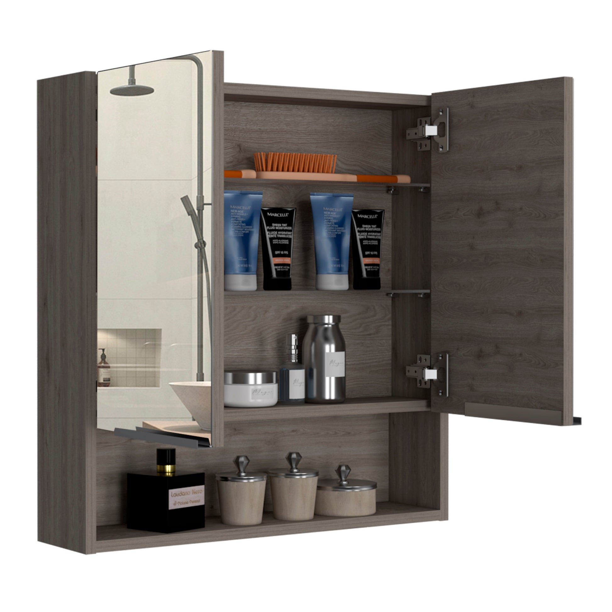 Medicine Cabinet, One Open Shelf, Three Interior Shelves, Light Gray Gray Particle Board Particle Board