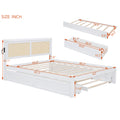 Queen Size Elegant Bed Frame With Rattan Headboard And Sockets ,White White Rattan