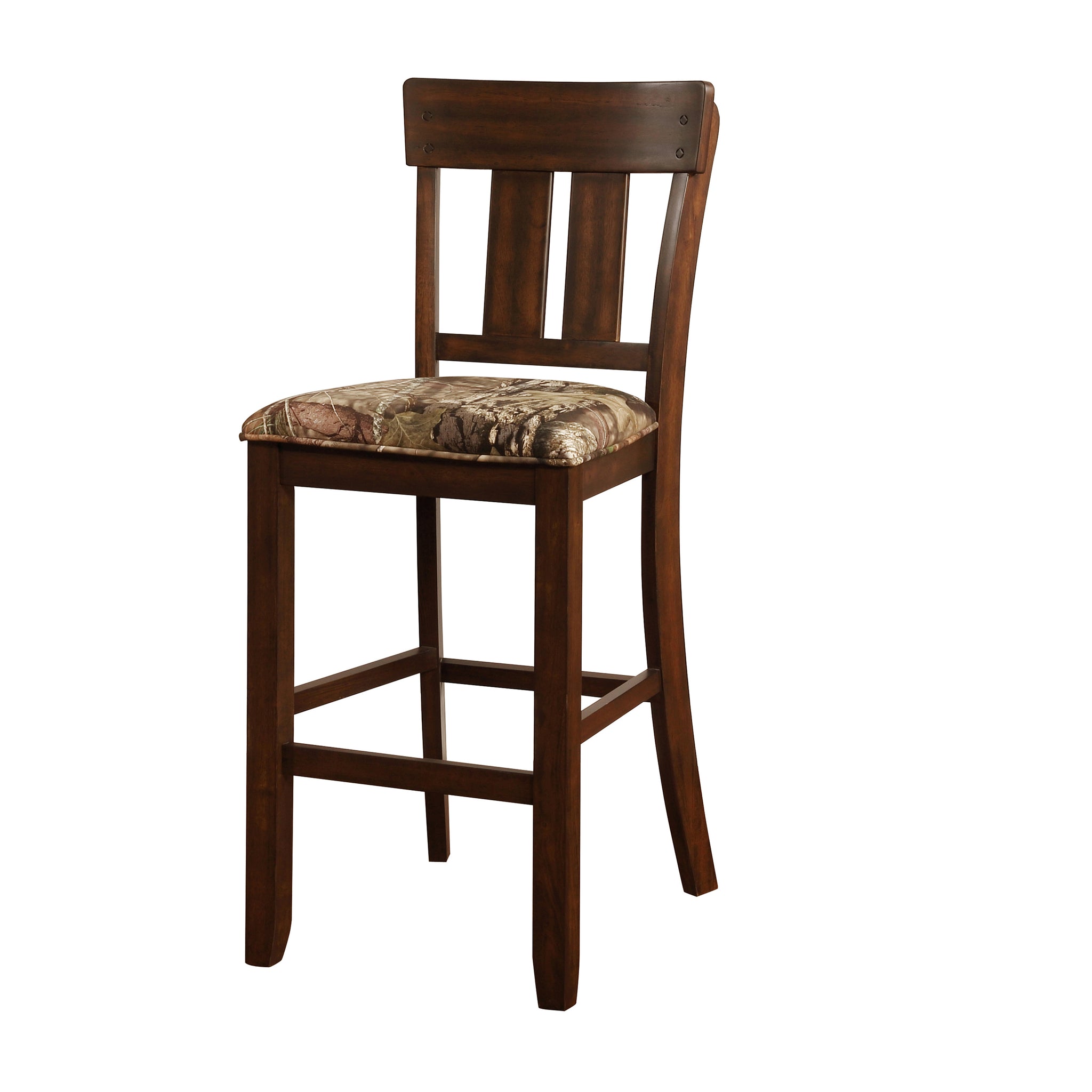 Wooden Bar Stool With Camouflage Fabric Seat, Brown Brown Wood Fabric