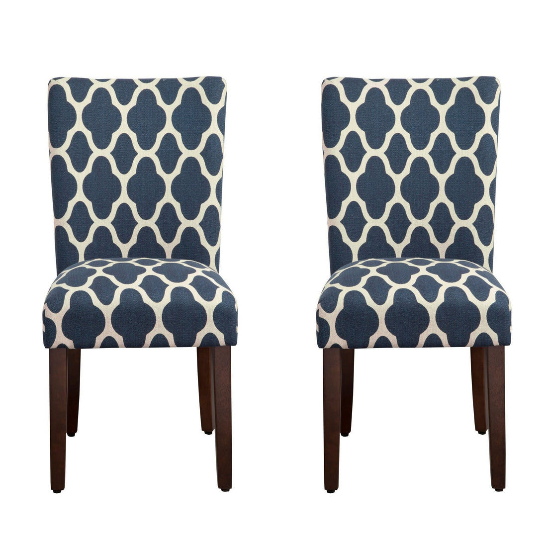 Wooden Parson Dining Chairs With Quatrefoil Patterned Fabric Upholstery, Blue And White, Set Of Two White Blue Wood Fabric