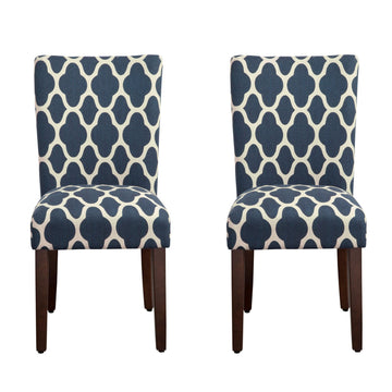 Wooden Parson Dining Chairs With Quatrefoil Patterned Fabric Upholstery, Blue And White, Set Of Two White Blue Wood Fabric