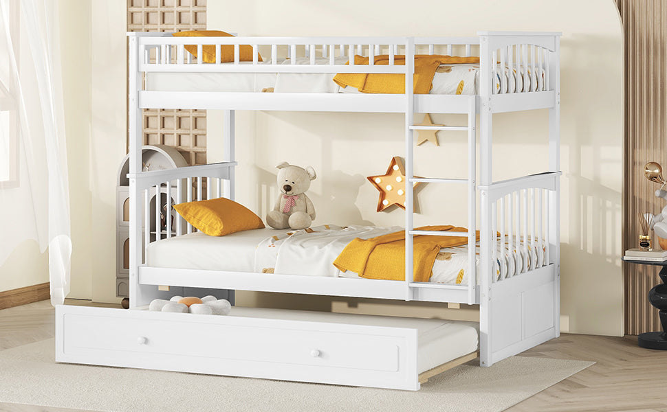 Twin Over Twin Bunk Bed With Twin Size Trundle, Convertible Beds, White Box Spring Not Required Twin White Bedroom Bunk Solid Wood Mdf