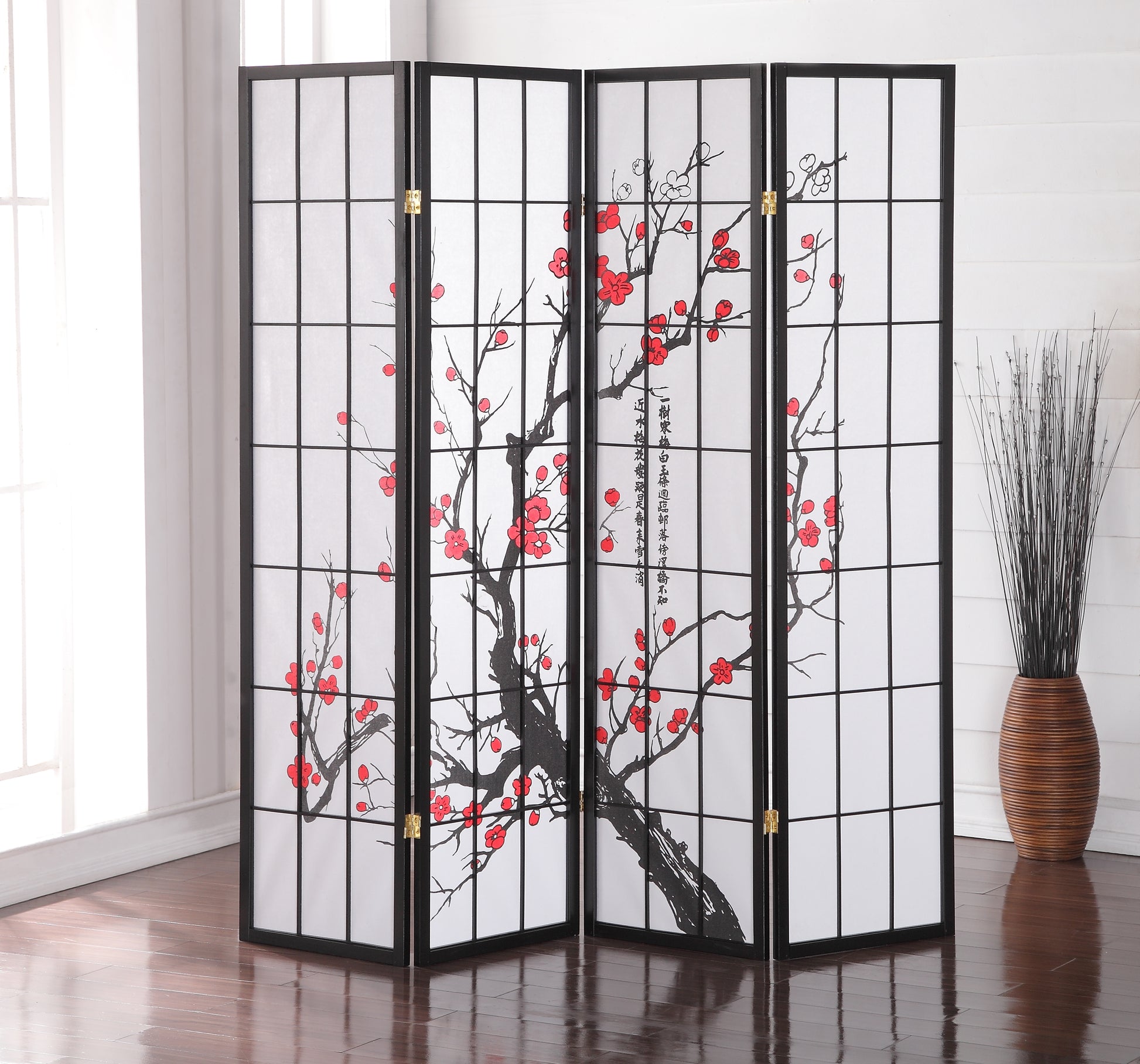 Black Japanese 4 Panel Screen Room Divider, Plum Blossom Black Wood Paper