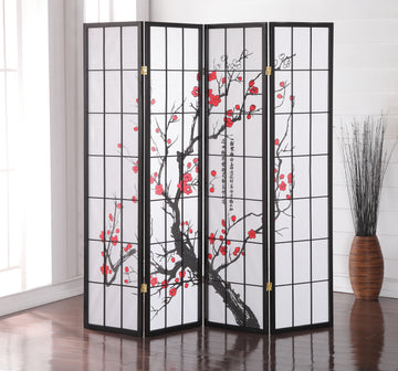 Black Japanese 4 Panel Screen Room Divider, Plum Blossom Black Wood Paper