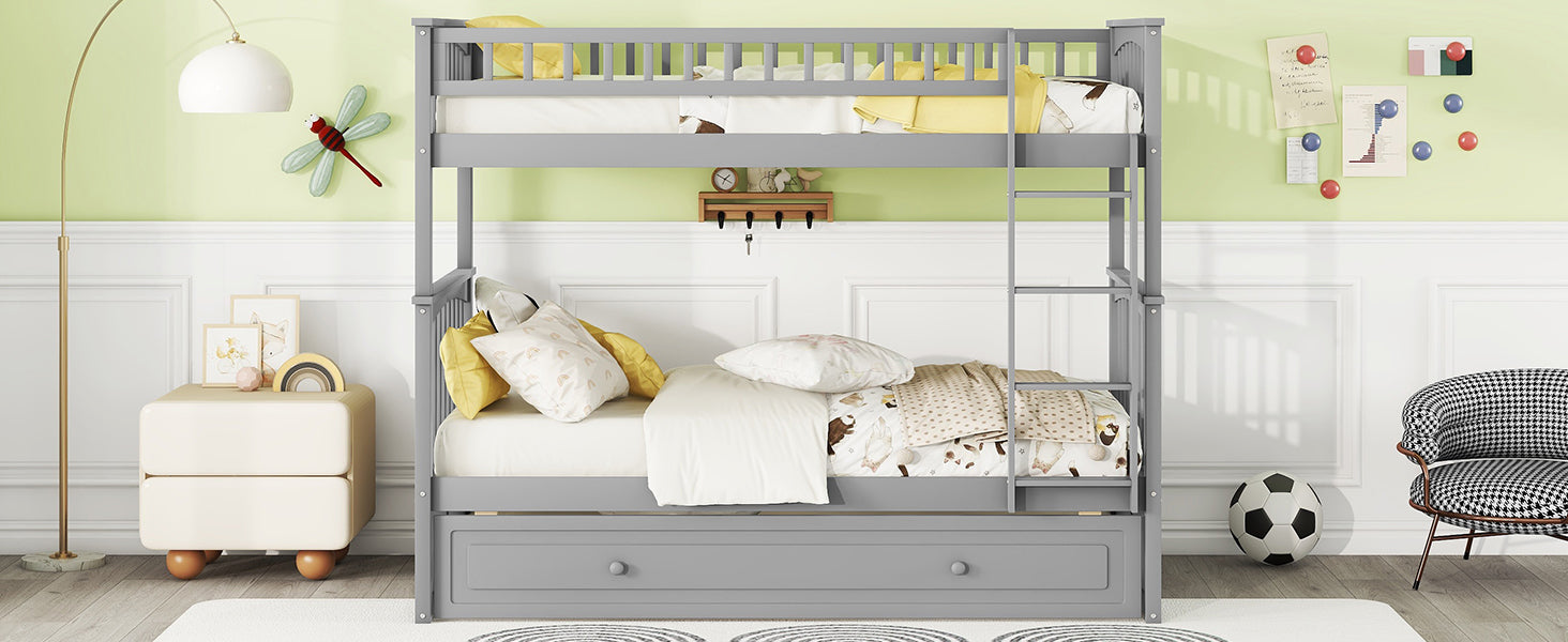 Twin Over Twin Bunk Bed With Twin Size Trundle, Convertible Beds, Gray Box Spring Not Required Twin Gray Bedroom Bunk Solid Wood Mdf