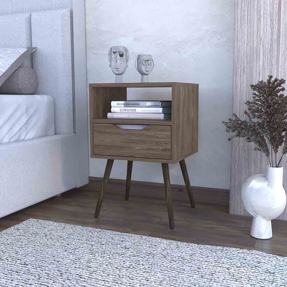 Nightstand Fugaz, Open Shelf, Single Drawer, Dark Walnut Finish Walnut Particle Board