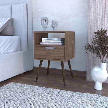 Nightstand Fugaz, Open Shelf, Single Drawer, Dark Walnut Finish Walnut Particle Board