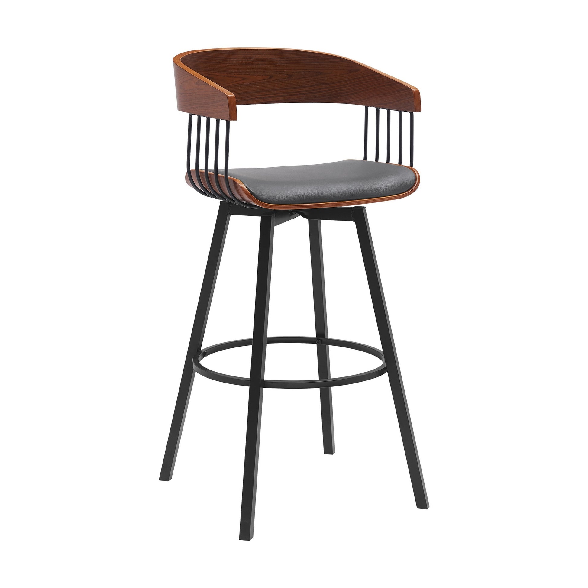 Vera 31 Inch Swivel Barstool Chair, Curved Open Back, Walnut Brown, Gray Black Brown Grey Wood Metal