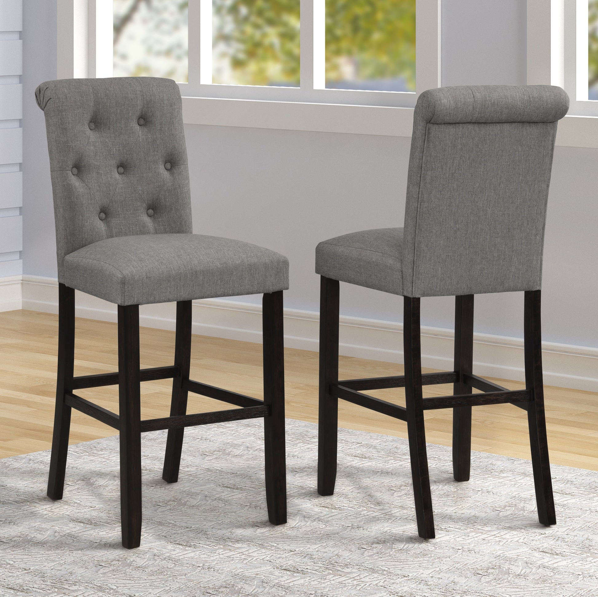 Leviton Solid Wood Tufted Asons Barstool, Set Of 2, Grey Grey Polyester Blend