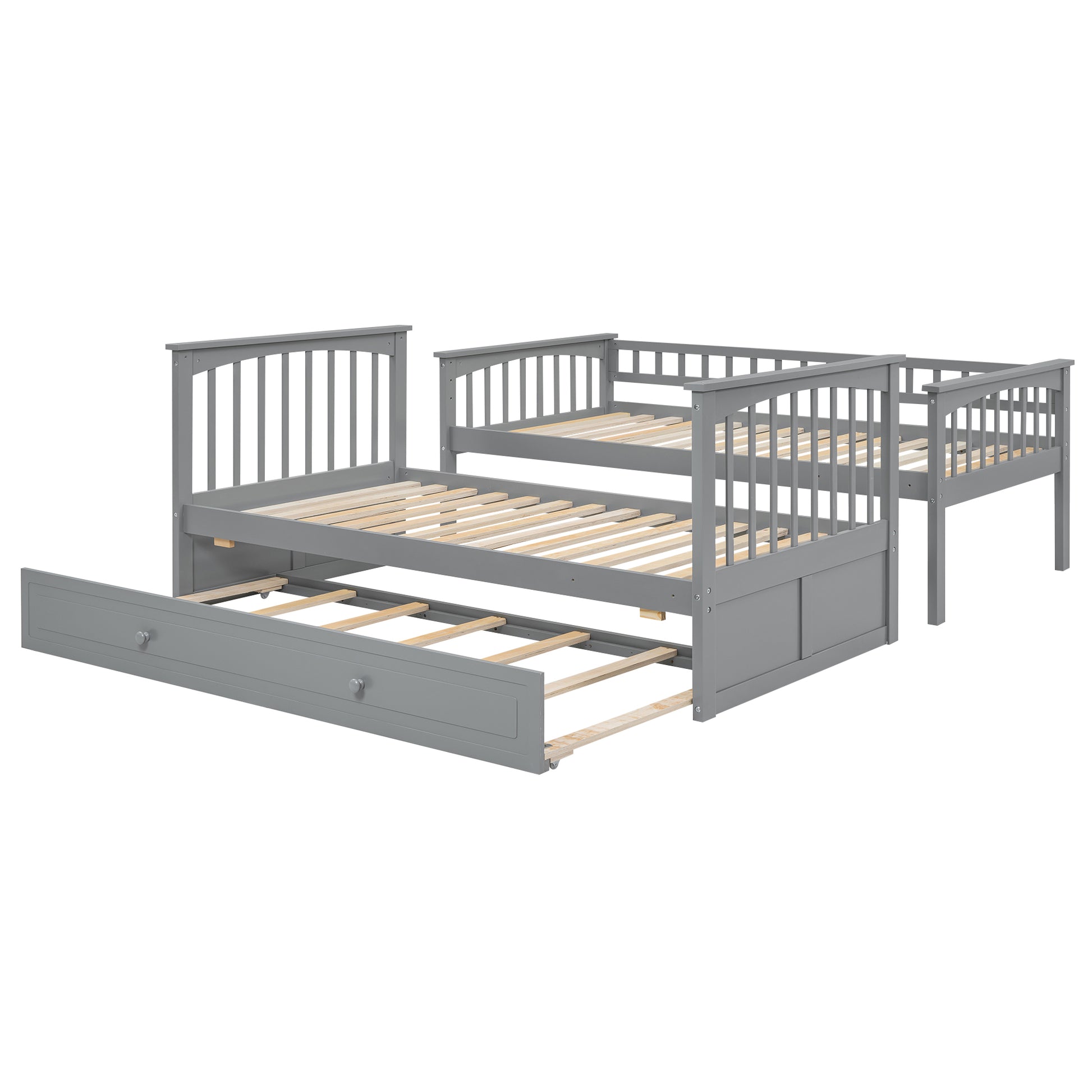 Twin Over Twin Bunk Bed With Twin Size Trundle, Convertible Beds, Gray Box Spring Not Required Twin Gray Bedroom Bunk Solid Wood Mdf