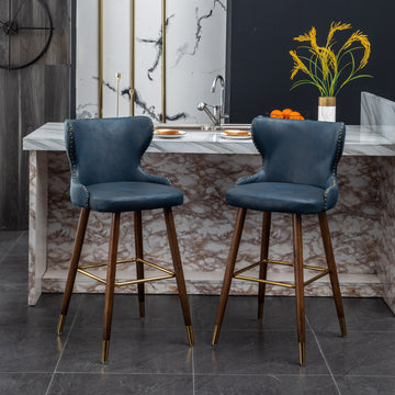 Nevis Mid Century Modern Faux Leather Tufted Trim Barstool Set Of 2, Blue Blue Fabric