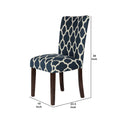 Wooden Parson Dining Chairs With Quatrefoil Patterned Fabric Upholstery, Blue And White, Set Of Two White Blue Wood Fabric