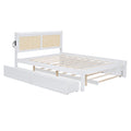 Queen Size Elegant Bed Frame With Rattan Headboard And Sockets ,White White Rattan