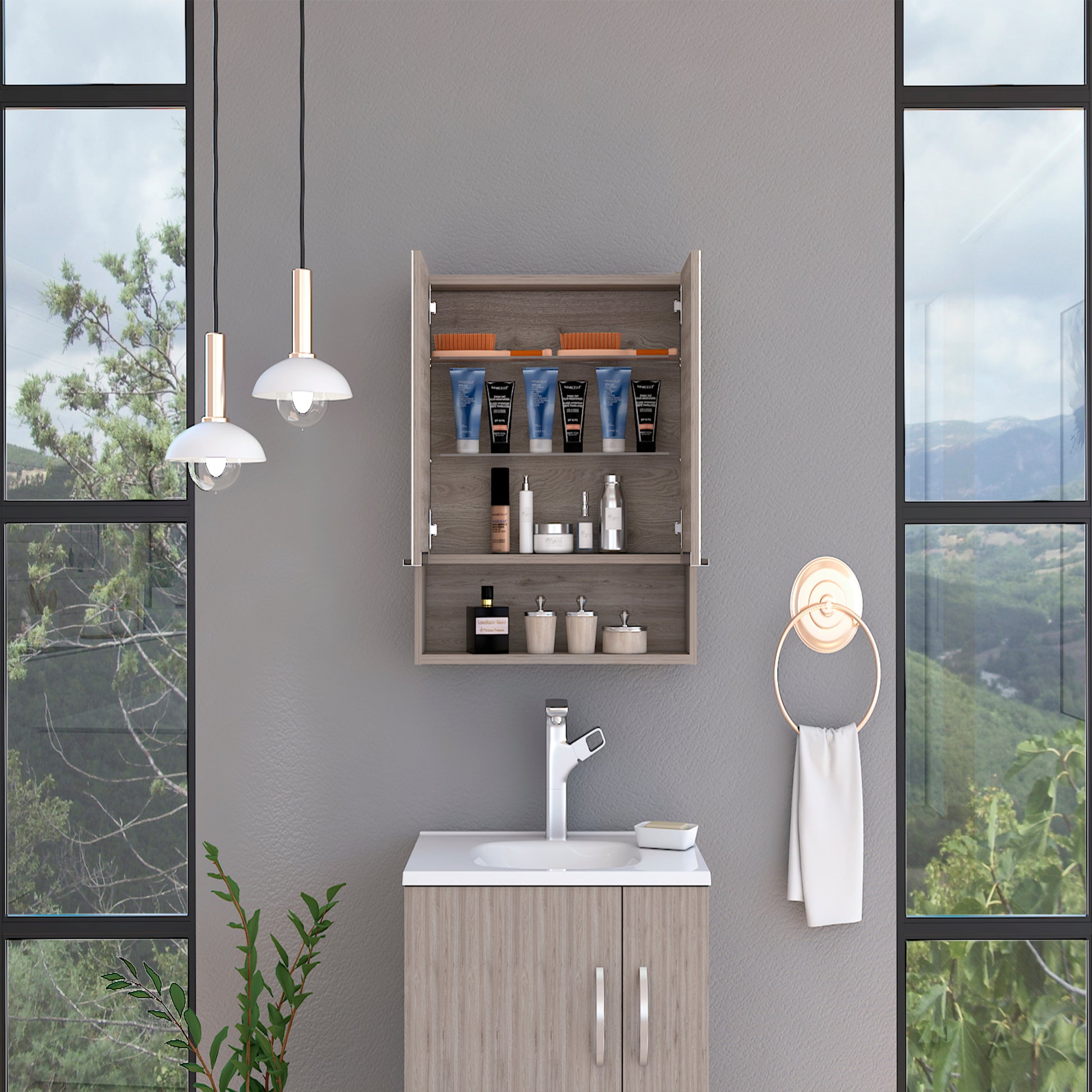 Medicine Cabinet, One Open Shelf, Three Interior Shelves, Light Gray Gray Particle Board Particle Board