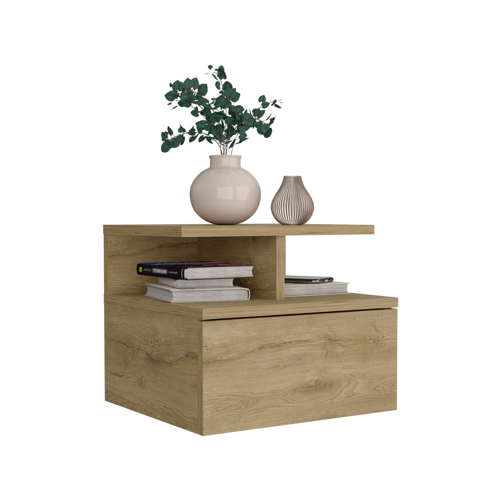 Floating Nightstand 12"H, Wall Mounted With Single Drawer And 2 Tier Shelf, Macadamia Beige Particle Board Particle Board